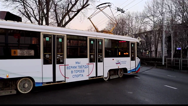 В Краснодаре курсируют брендированные трамвай и троллейбус в честь 100-летия Минспорта РФ. Фото: пресс-служба администрации Краснодара