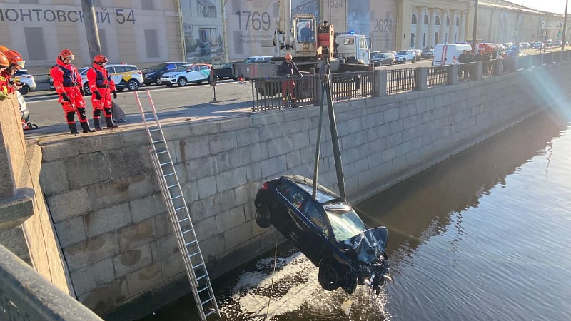 Появилось видео падения легковушки в Обводный канал Петербурга