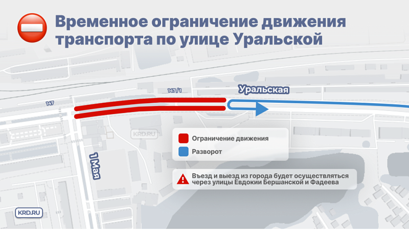 Движение транспорта по улице Уральской временно ограничат в Краснодаре