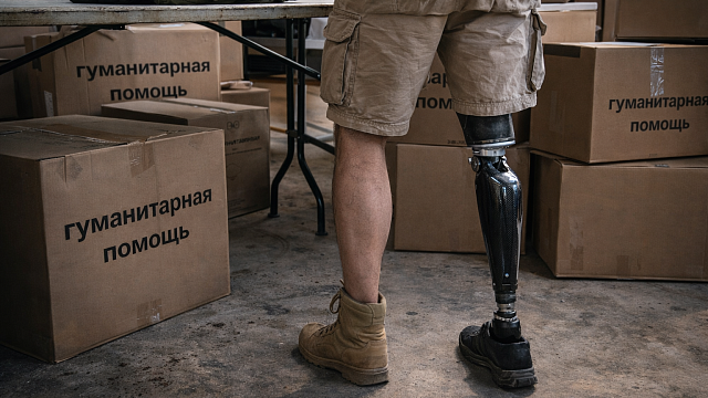 Мужчина с протезом помогает пострадавшим от наводнения в Дагестане