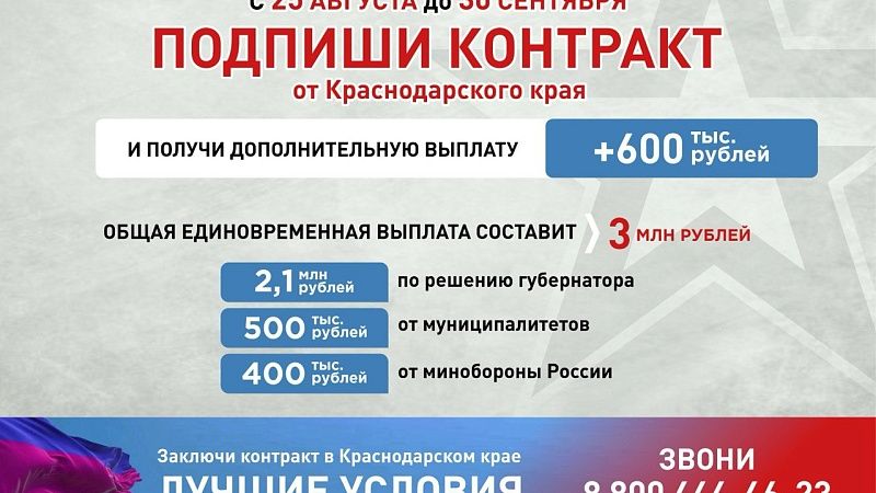 До 3 млн рублей выросли выплаты за контракт с Минобороны на Кубани 