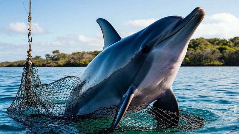 Двух стрессующих дельфинов спасли из рыбацких сетей в Сочи 