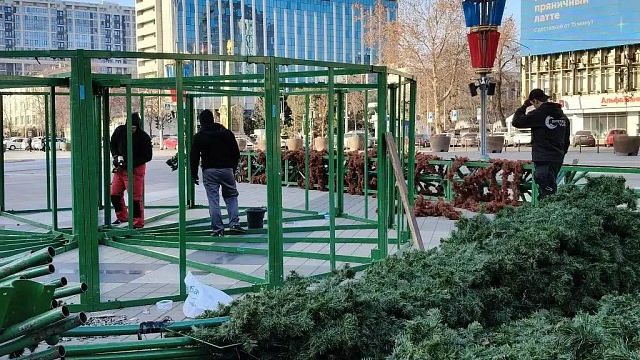 На театральной площади начали установку 22-метровой новогодней ели в Краснодаре