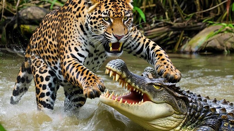 Дерзкое нападение ягуара на каймана сняли на видео в Бразилии