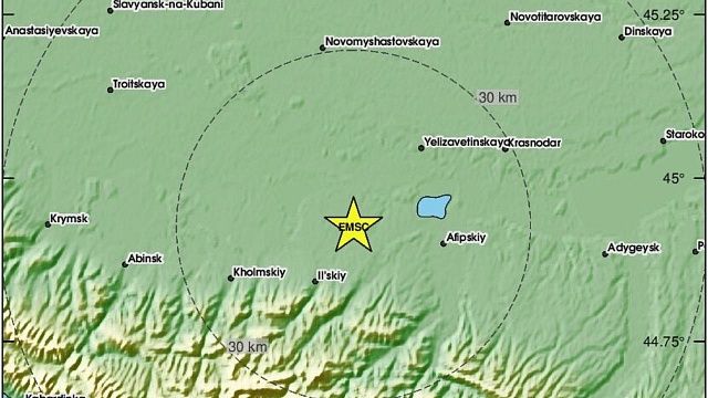 Почти в 30 км от Краснодара произошло землетрясение. Фото: Европейско-Средиземноморский сейсмологический центр (EMSC)