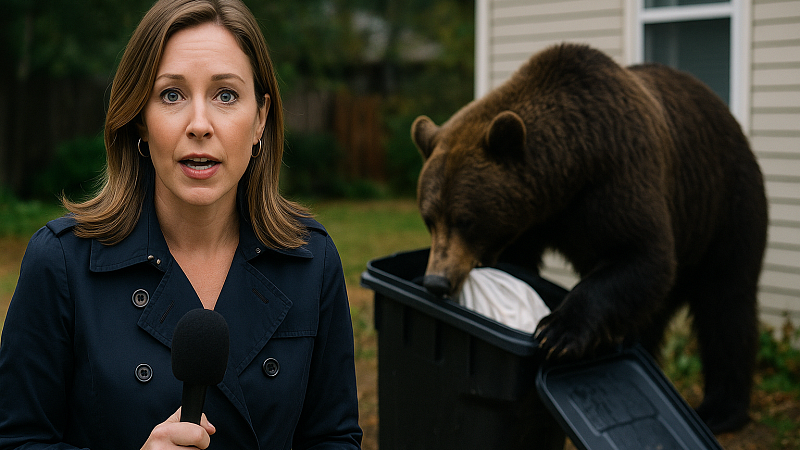 Крадущий мусор медведь остановил телевизионный репортаж и попал в прямой эфир