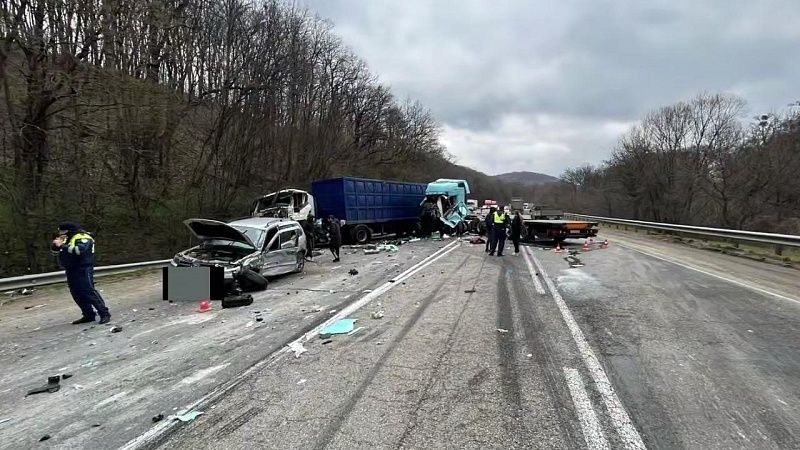 Массовая авария с грузовиками попала на видеорегистратор под Новороссийском