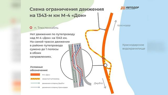 Путепровод закроют для ремонта на М-4 «Дон» около Краснодарского водохранилища