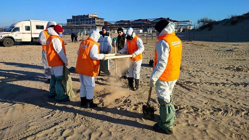 Краснодарские добровольцы и спасатели убрали повторные выбросы мазута в Анапе