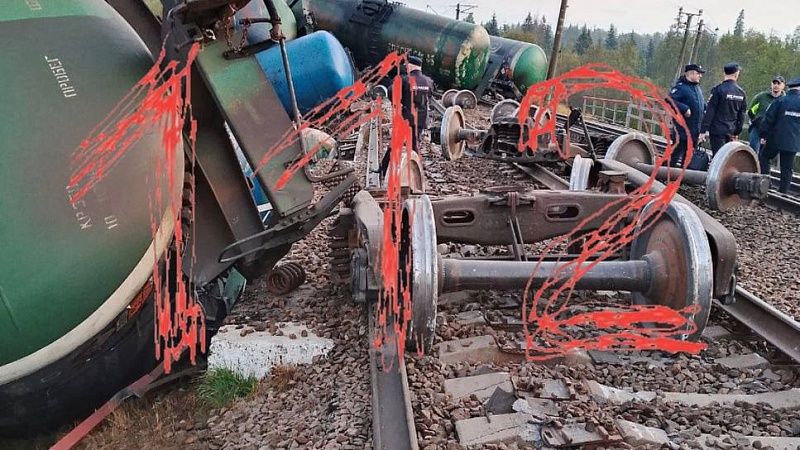 Тепловоз и 15 цистерн сошли с рельсов в Ленинградской области